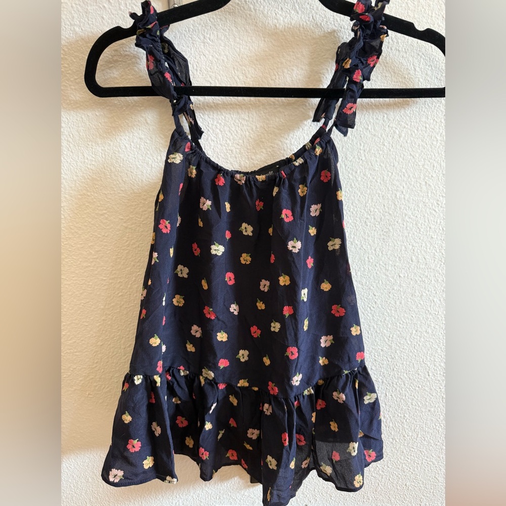 Madewell Silk Ruffle Strap Tank Top Navy Blue Floral